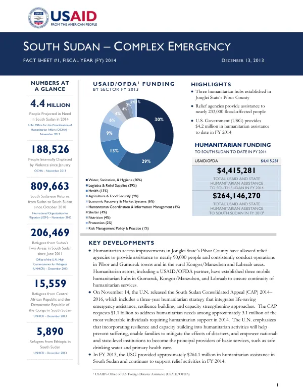 SOUTH SUDAN – COMPLEX EMERGENCY FACT SHEET #1, FISCAL YEAR (FY) 2014