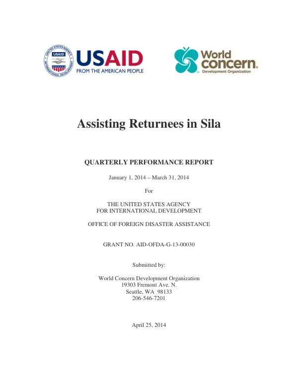 Quarterly Progress Report January1– March 31, 2014: Assisting Returnees in Sila (ARIS)