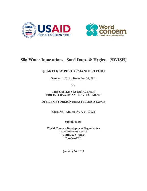 Quarterly Progress Report October1– December 31, 2014: Sila Water Innovations- Sand Dams and Hygiene (SWISH)