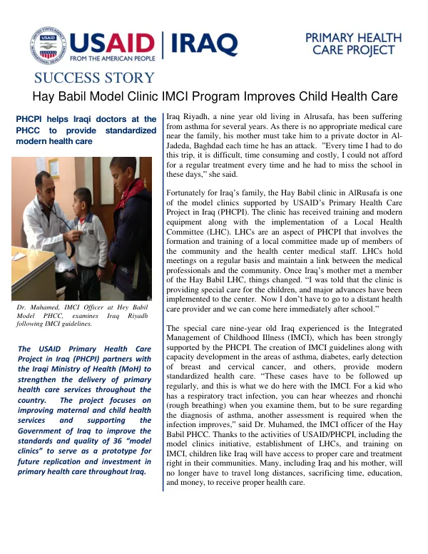 Hay Babil Model Clinic IMCI Program Improves Child Health Care in Iraq