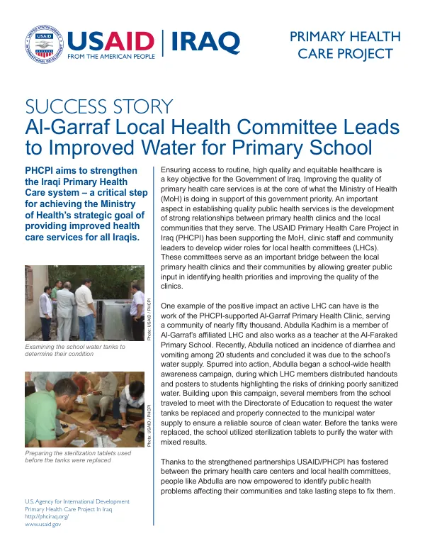 Al-Garraf Local Health Committee Leads to Improved Water for Primary School