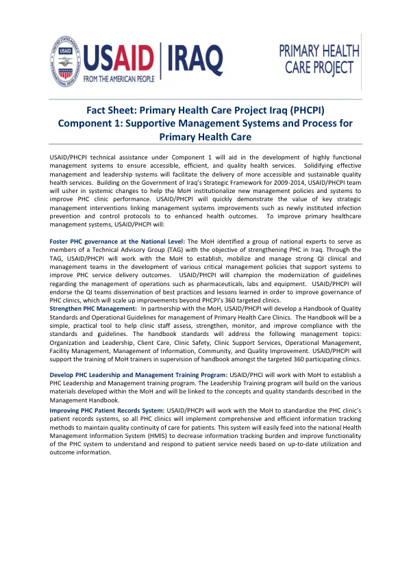 Fact Sheet: Primary Health Care Project Iraq (PHCPI)