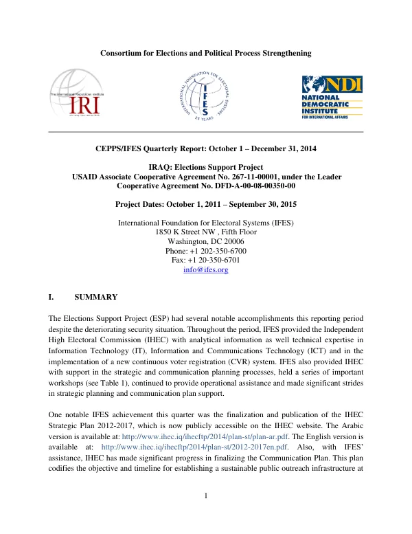 CEPPS/IFES Quarterly Report: October 1 – December 31, 2014