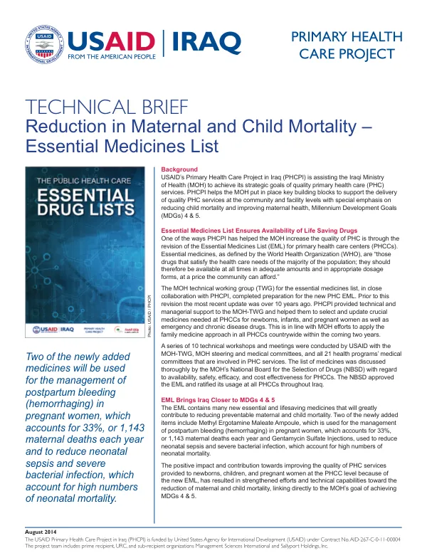Reduction in Maternal and Child Mortality – Essential Medicines List