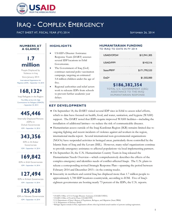 Iraq - Complex Emergency Fact Sheet #7, Fiscal Year (FY) 2014