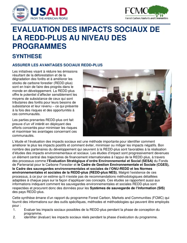 Evaluation des impacts sociaux de la REDD-plus au niveau des programmes