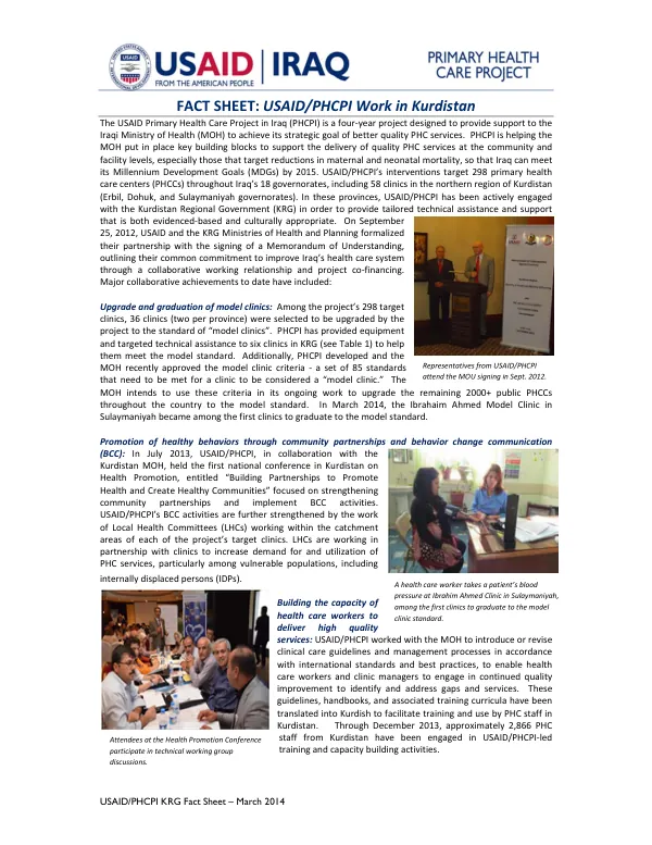 USAID/PHCPI KRG Fact Sheet – March 2014