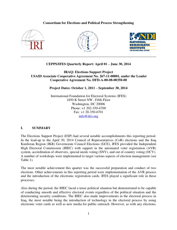 CEPPS/IFES Quarterly Report: April 01 – June 30, 2014