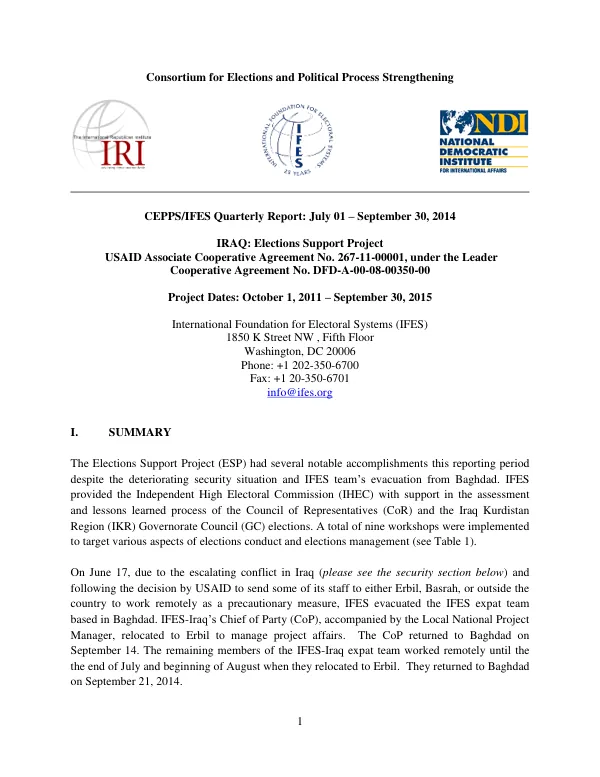 CEPPS/IFES Quarterly Report: July 01 – September 30, 2014