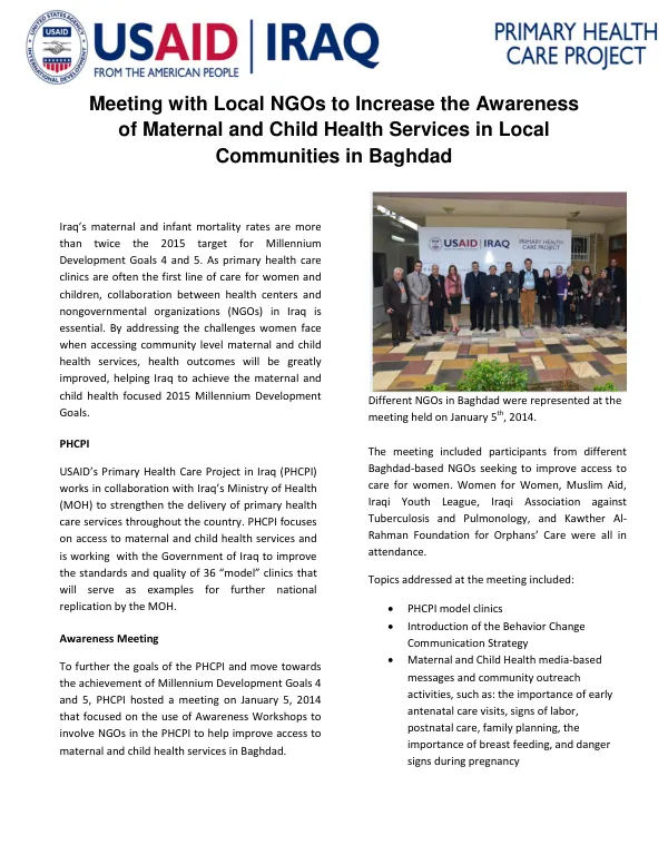 Meeting with Local NGOs to Increase the Awareness of Maternal and Child Health Services in Local Communities in Baghdad