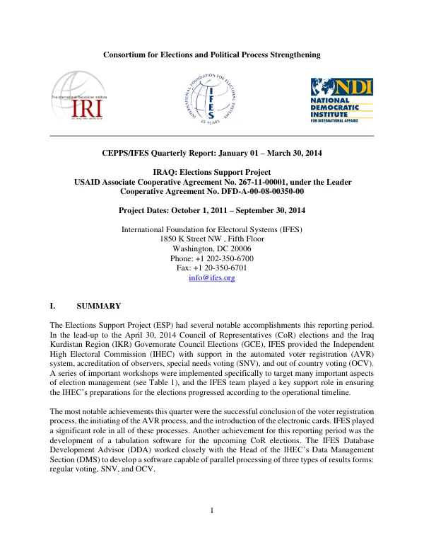 CEPPS/IFES Quarterly Report: January 01 – March 30, 2014