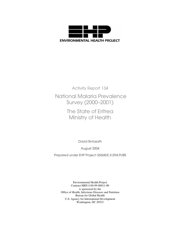 National malaria prevalence survey (2000-2001) : the State of Eritrea, Ministry of Health