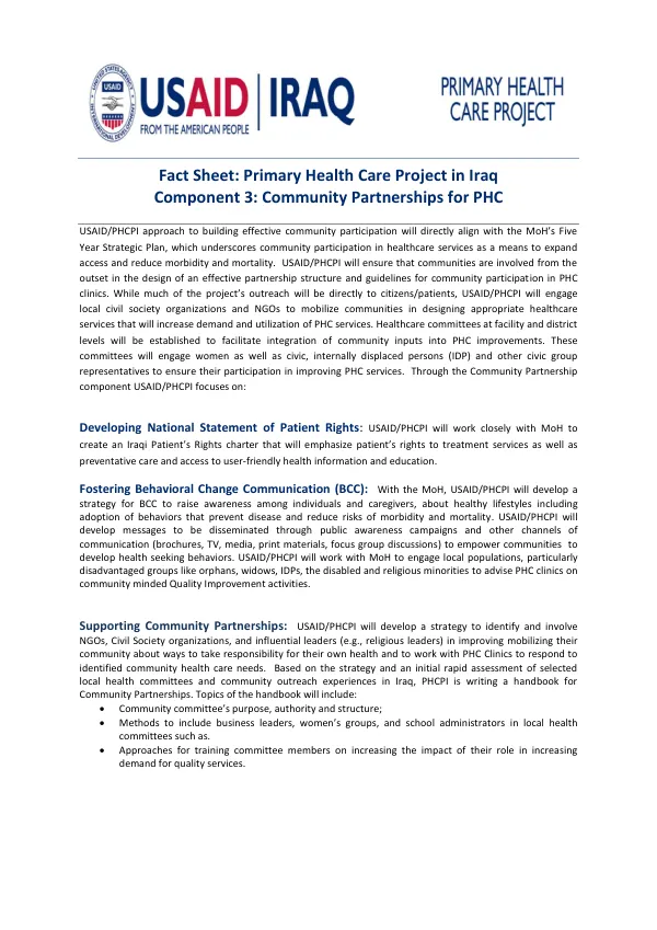 Fact Sheet: Primary Health Care Project in Iraq