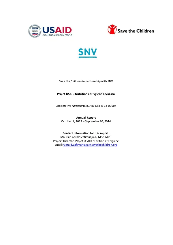 Annual Report: Projet USAID Nutrition et Hygiène (October 1, 2013 – September 30, 2014)