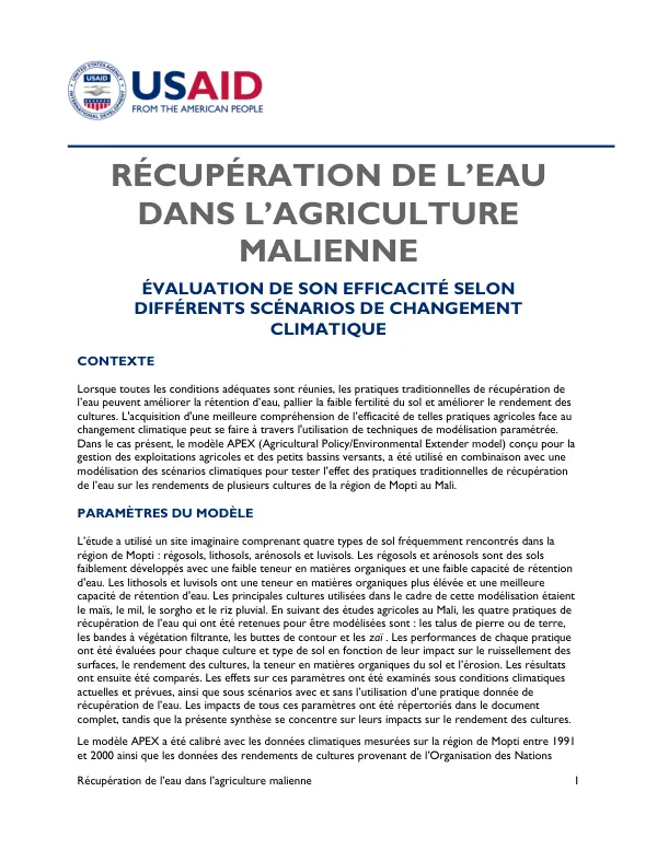Récupération de l’eau dans l’agriculture malienne : Évaluation de son efficacité selon différents scénarios de changement climatique