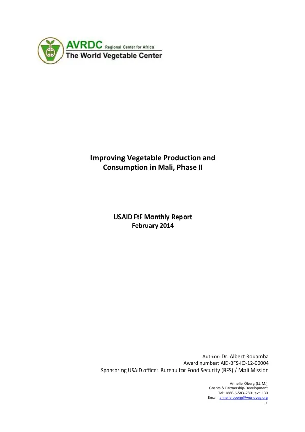 USAID FtF Monthly Report February 2014: Improving Vegetable Production and Consumption in Mali, Phase II