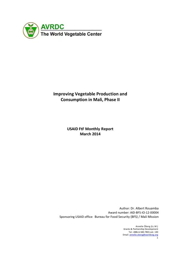 USAID FtF Monthly Report: Improving Vegetable Production and Consumption in Mali, Phase II
