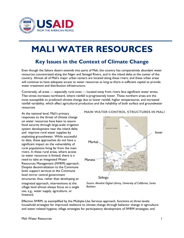 Mali Water Resources: Key Issues in the Context of Climate Change