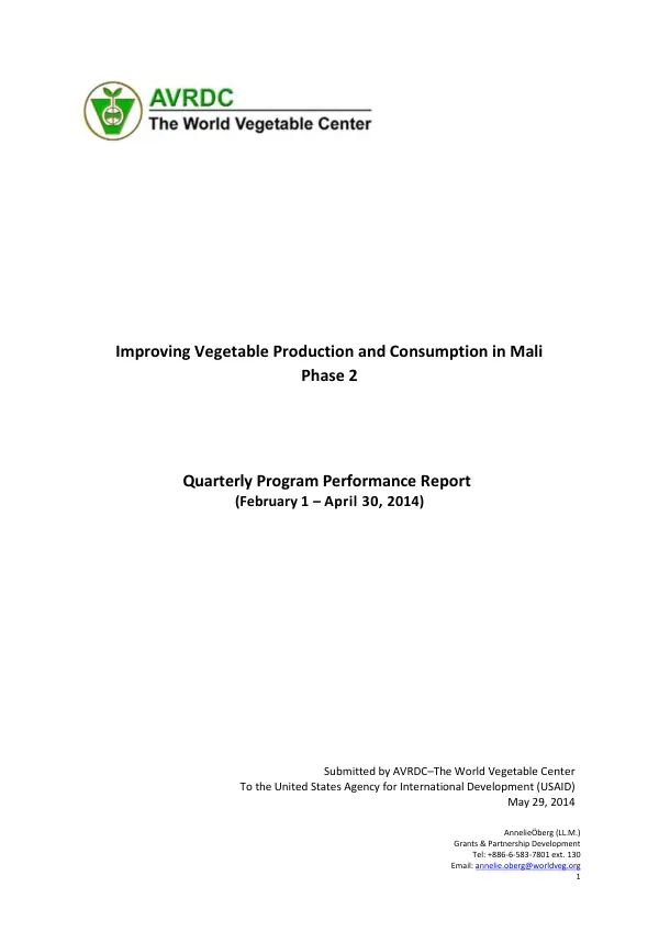 Improving Vegetable Production and Consumption in Mali Phase 2 Quarterly Program Performance Report (February 1 – April 30, 2014)