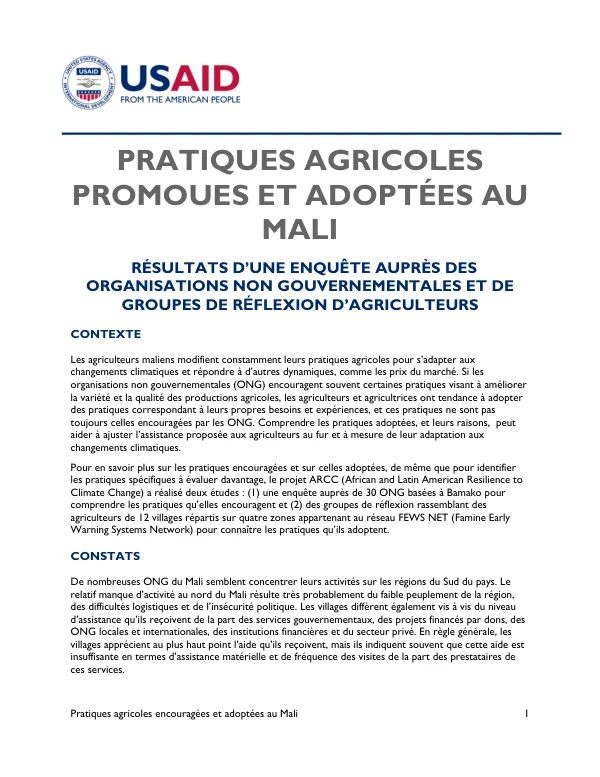 Pratiques agricoles encouragées et adoptées au Mali