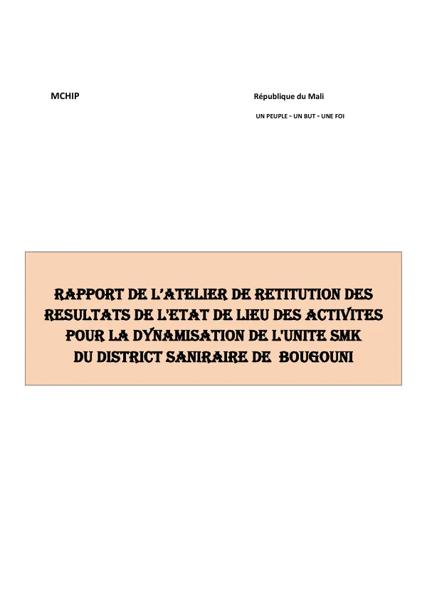 Rapport De L’atelier De Retitution Des Resultats De L'etat De Lieu Des Activites Pour La Dynamisation De L'unite Smk Du District Saniraire De Bougouni