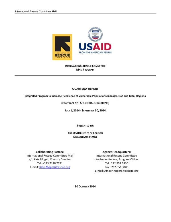 Quarterly Report: Integrated Program to Increase Resilience of Vulnerable Populations in Mopti, Gao and Kidal Regions