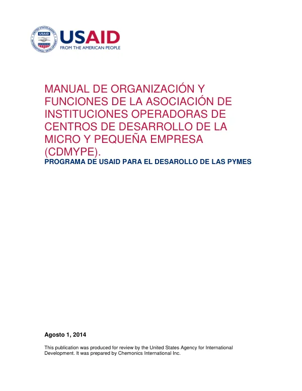 MANUAL DE ORGANIZACIÓN Y FUNCIONES DE LA ASOCIACIÓN DE INSTITUCIONES OPERADORAS DE CENTROS DE DESARROLLO DE LA MICRO Y PEQUEÑA EMPRESA (CDMYPE)