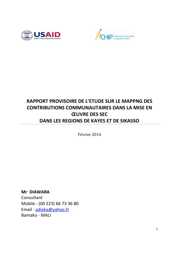 Rapport Provisoire de l’Étude sur le Mappng des Contributions Communautaires dans la Mise en Œuvre des Soins Essentiels dans la Communauté