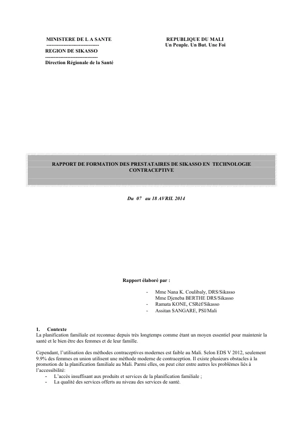 Rapport de Formation des Prestataires de Sikasso en Technologie Contraceptive