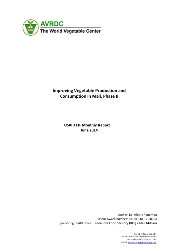 Improving Vegetable Production and Consumption in Mali, Phase II