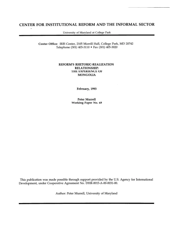 Reform's rhetoric-realization relationship : the experience of Mongolia