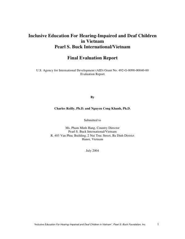 Inclusive education for hearing-impaired and deaf children in Vietnam, Pearl S. Buck International/Vietnam : final evaluation report