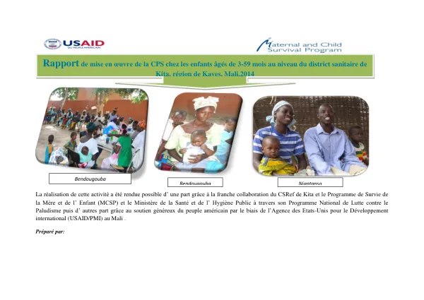 Rapport de mise en œuvre de la CPS chez les enfants âgés de 3-59 mois au niveau du district sanitaire de Kita, région de Kayes, Mali, 2014
