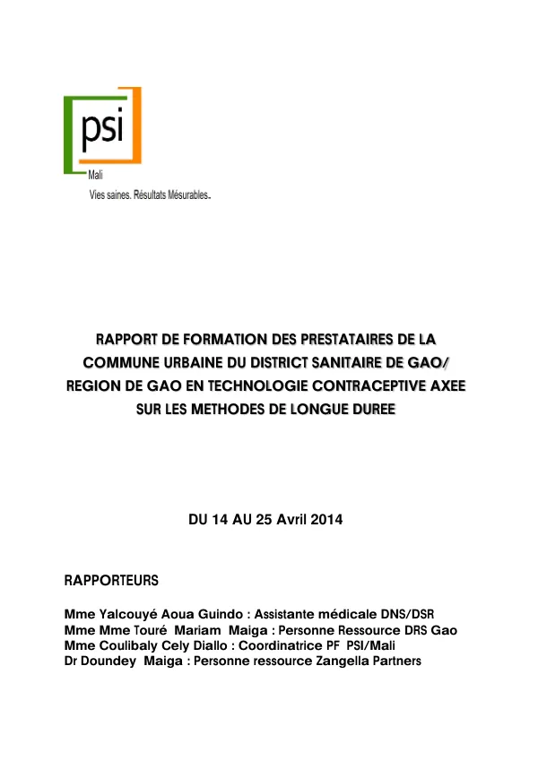Rapport de formation des prestataires de la Commune urbaine du District Sanitaire de Gao en technologie contraceptive axée sur les méthodes de longue durée