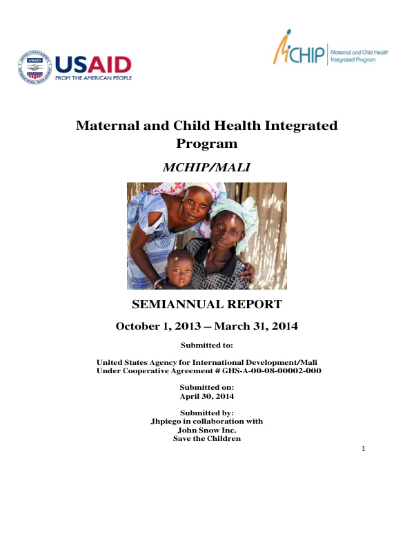 Maternal and Child Health Integrated Program MCHIP/MALI SEMIANNUAL REPORT October 1, 2013 – March 31, 2014