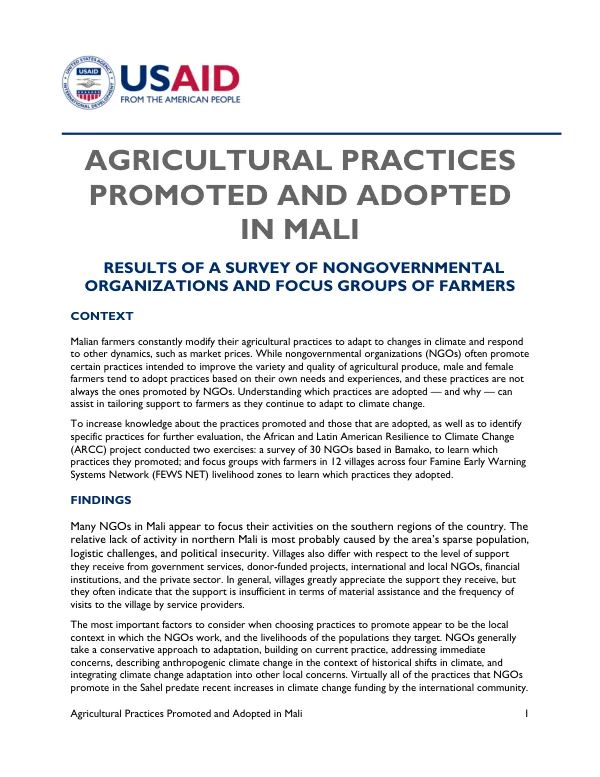 Agricultural Practices Promoted and Adopted in Mali: Results of a Survey of Nongovernmental Organizations and Focus Groups of Farmers