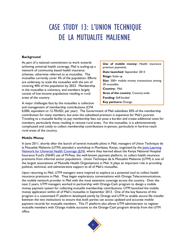 Case Study 13: L’UNION TECHNIQUE DE LA MUTUALITE MALIENNE