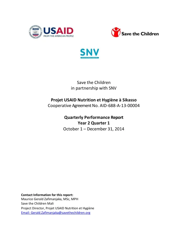 Quarterly Performance Report – Year 2 Quarter 1: Projet USAID Nutrition et Hygiène à Sikasso