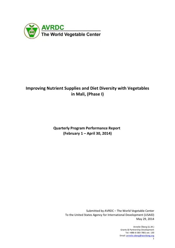 Improving Nutrient Supplies and Diet Diversity with Vegetables in Mali, (Phase I)