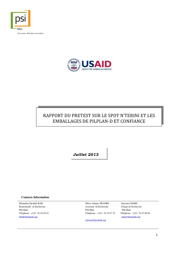Rapport du pré-test sur le spot N'térini et les emballages de Pilplan-d/Confiance