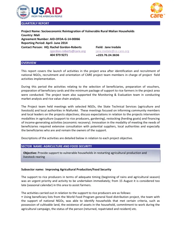 Quarterly Report: Socioeconomic Reintegration of Vulnerable Rural Malian Households