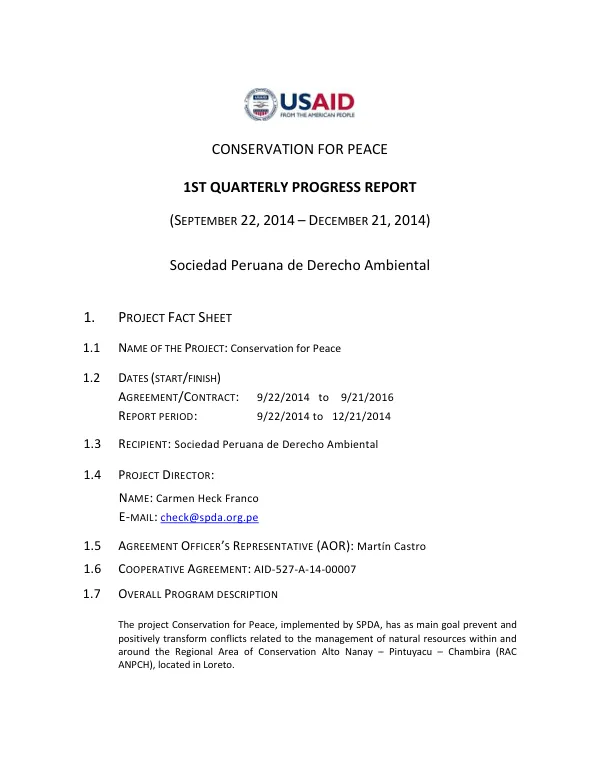 Conservation for Peace 1st Quarterly Progress Report