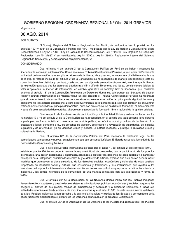 ORDENANZA REGIONAL N° Olct-2014-GRSM/CR