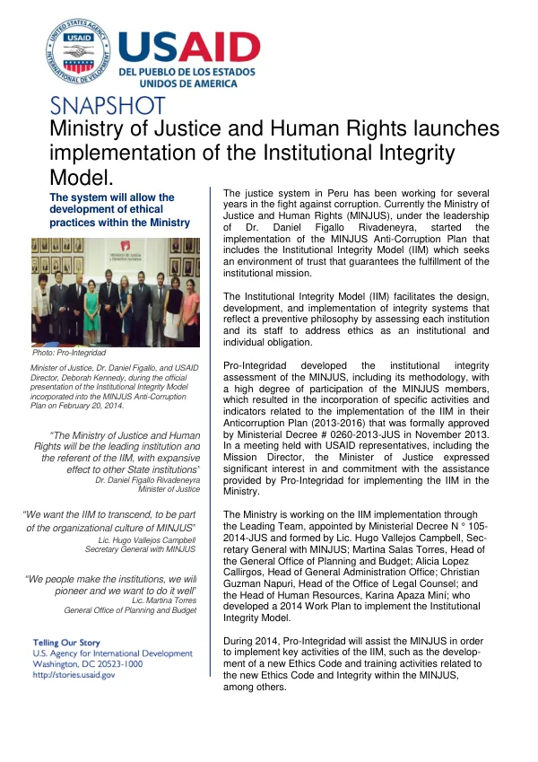 Implementation of the Institutional Integrity Model in the Ministry of Justice and Human Rights in Peru