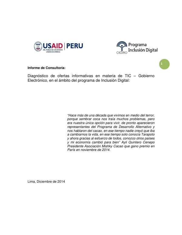 Diagnóstico de ofertas informativas en materia de TIC – Gobierno Electrónico, en el ámbito del programa de Inclusión Digital