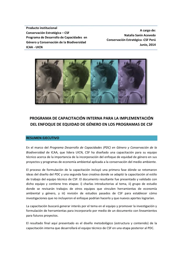PROGRAMA DE CAPACITACIÓN INTERNA PARA LA IMPLEMENTACIÓN DEL ENFOQUE DE EQUIDAD DE GÉNERO EN LOS PROGRAMAS DE CSF