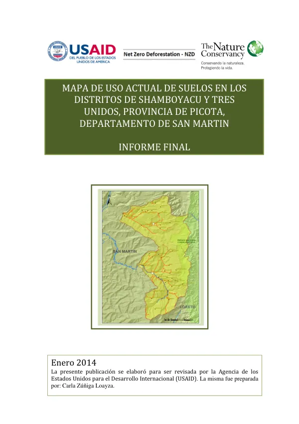Mapa de uso actual de suelos en los distritos de Shamboyacu y Tres Unidos, Provincia de Picota, Departamento de San Martín