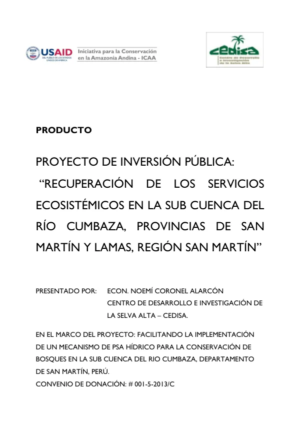 Recuperación de los Servicios Ecosistémicos de la Sub Cuenca del Río Cumbaza, Provincias de San Martín y Lamas, Región San Martín