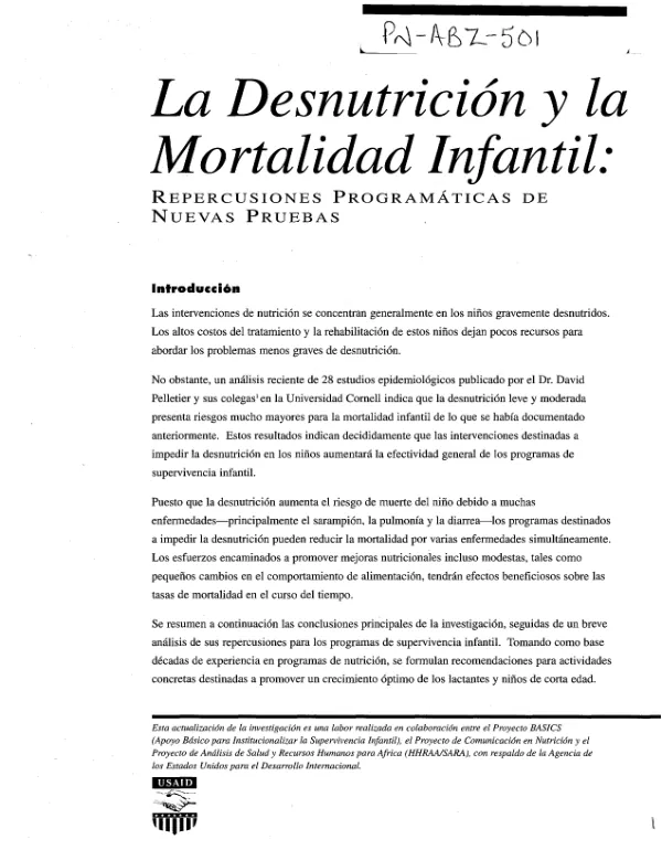 La desnutrición y la mortalidad infantil: Repercusiones programáticas de nuevas pruebas