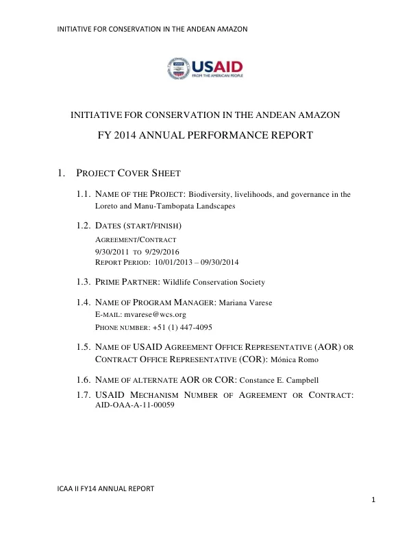 Initiative for Conservation in the Andean Amazon ICAA II FY14 Annual Report